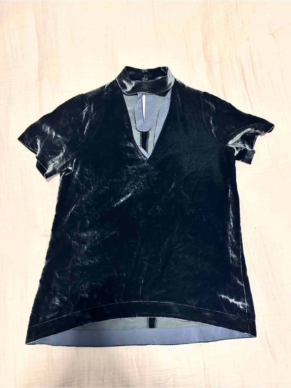 Madewell Black Velvet Short-Sleeve Top with V-Placket Mock Neck